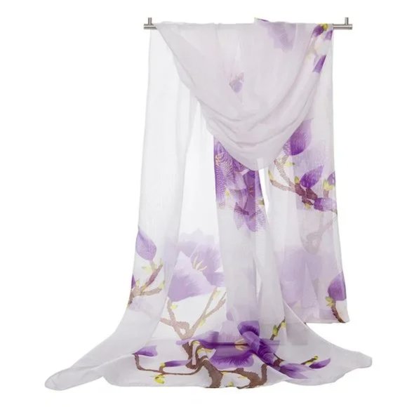 Accessories - Sheer White Chiffon Purple Floral Scarf Wrap Shawl